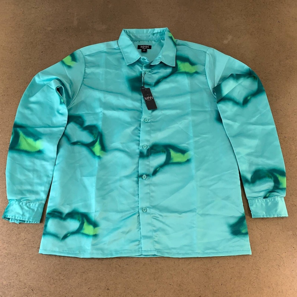 Boohoo Mens Heart Hands Button-Up Shirt Turquoise Blue Long Sleeve Satin M New